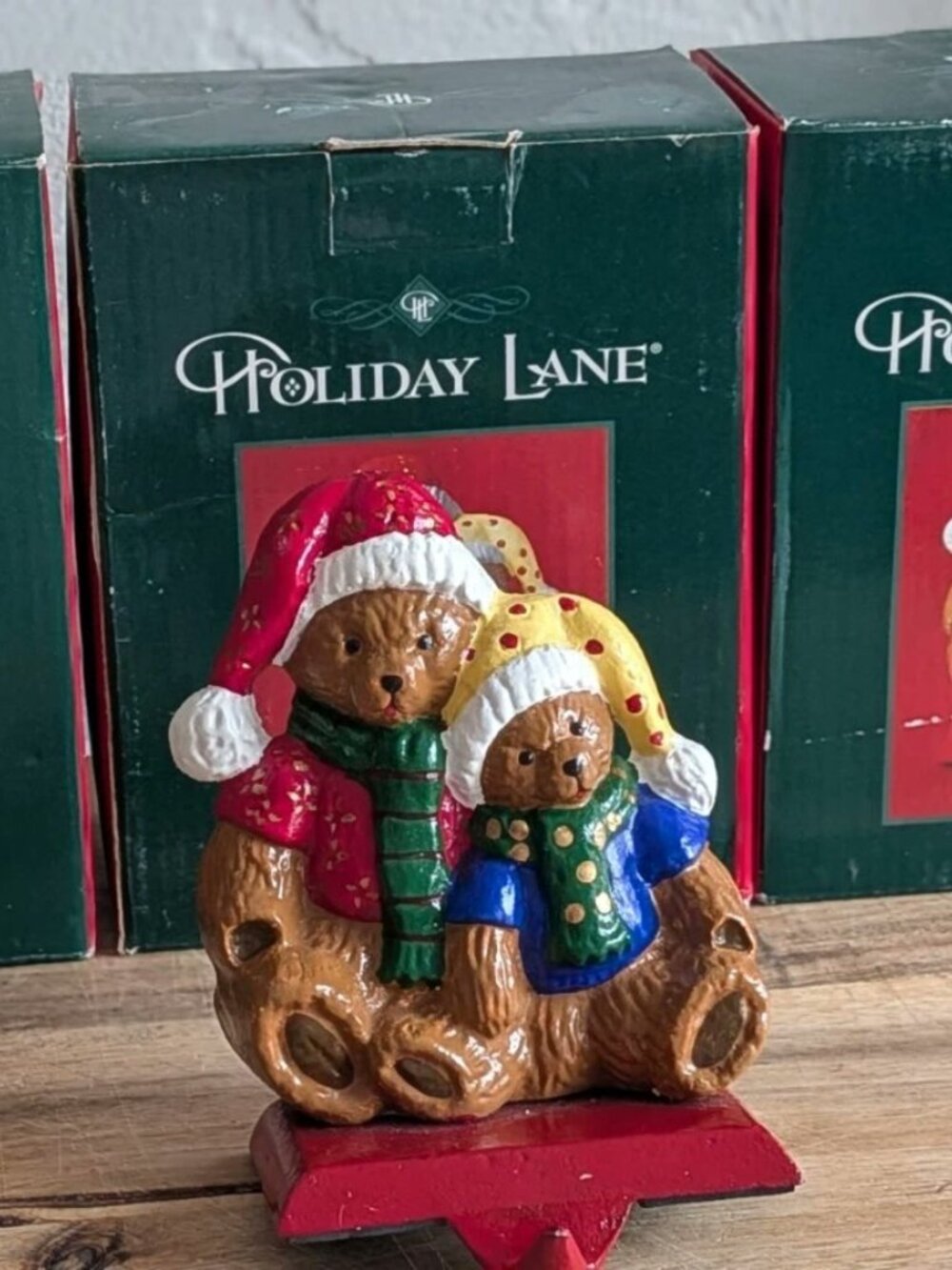 4 Vintage Holiday Lane Christmas Teddy Bear Hat & Scarf Stocking Hangers Holder